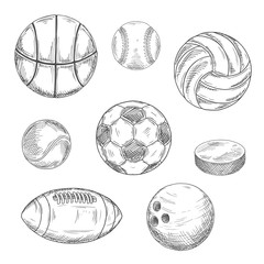 Sporting balls and hockey puck sketch icons