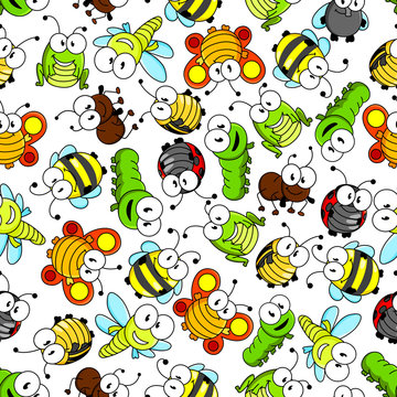Colorful cartoon funny insects seamless pattern
