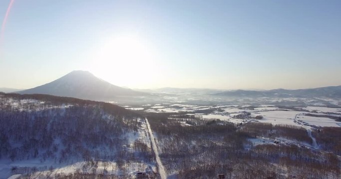 Aerial Mt Yotei Volcano Reveal Sunrise Sunshine