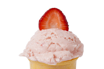 a cone of strawberry ice cream with strawberry fruit topping
