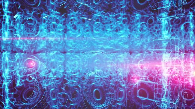 Seamless looping 3d animation of a giant rotating blue wireframe gears machine