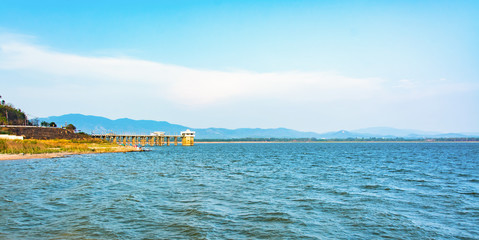 Natural landscape view at Reservoir (Bang-Pra reservoir) in Thailand.