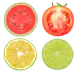 slice of watermelon,totmato,Citrus sinensis,lime  isolated on wh