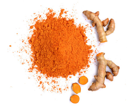 top view Turmeric roots and turmeric powder on white background