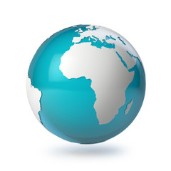 3D globe with white world map of continents. Globe with shadow on a white background