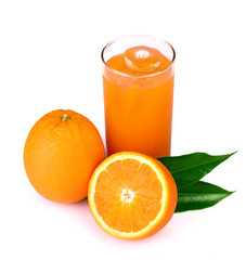Orange juice and slices of orange isolated on white