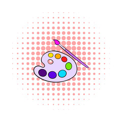 Art palette with paint brush icon, comics style 