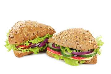 Tasty sandwiches with salami isolated on a white
