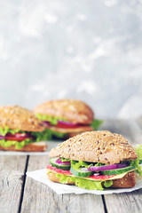 Tasty sandwiches with salami on a grey wooden background