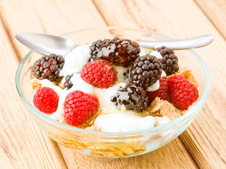 breakfast cereal bowl with berries and yogurt