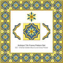 Antique tile frame pattern set_322 Oriental Golden Blue Curve Cross Flower
