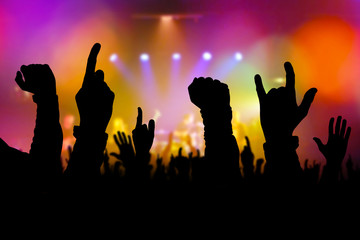 Concert crowd hands supporting band on stage