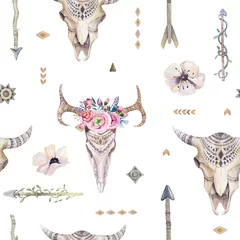 Gordijnen Aquarel boho naadloze patroon met tipi, pijlen, veren, © kris_art