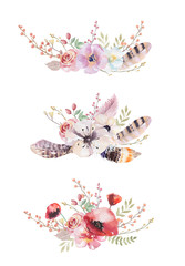Watercolor vintage floral bouquet. Boho spring flowers and leaf © kris_art