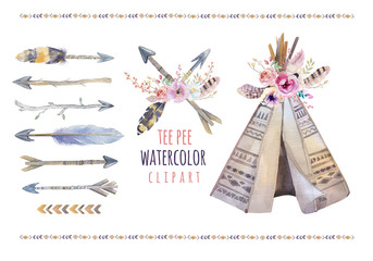 Handdrawn watercolor  tribal teepee, isolated white campsite ten © kris_art
