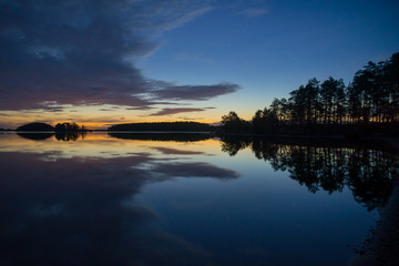 Midnight light over lake landscape after the sunset