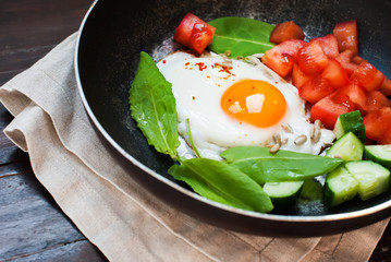 Fried Eggs Frying Pan Tomatoes Leaves Useful