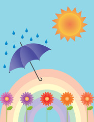 An illustration of a rainbow, flowers, umbrella, rain and the sun.
