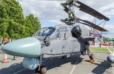Fototapeta na wymiar Military helicopter ship-based Ka-52 Kamov, Alligator on Maritime exhibition in St. Petersburg