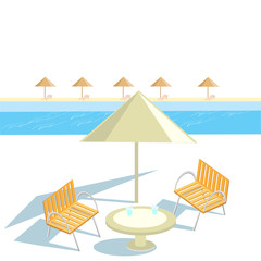 Table with benches and a beach umbrella, with a swimming pool on the horizon. Recreation area, resort