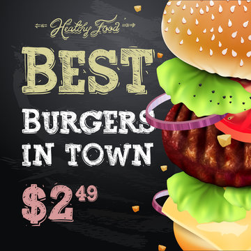 Burger house poster on chalkboard, fastfood, vector illustration.