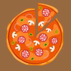 Pizza with separated slice with toppings of onions, green olives, mushrooms, salami or pepperoni. Vector Illustration