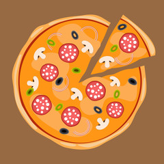 Pizza with separated slice with toppings of onions, black and green olives, mushrooms, salami or pepperoni. Vector Illustration