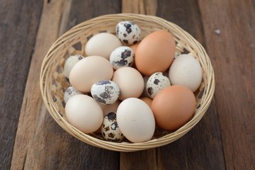 Mix eggs in the basket on wooden table