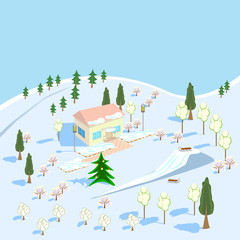 Winter landscape. The house the outdoors in winter with a Seating area, a hill for skiing, a Christmas tree