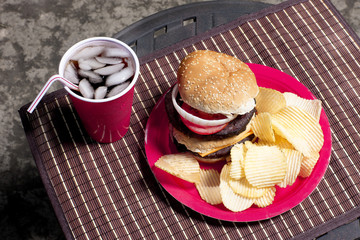 tall burger and chips