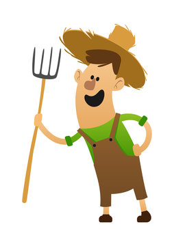 cartoon character cheerful farmer with a pitchfork