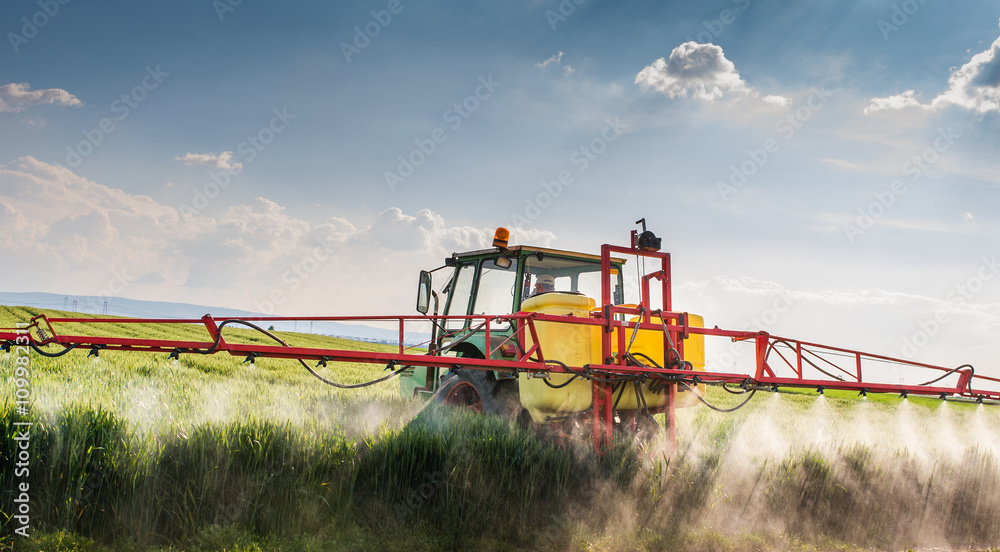 Poster tractor spraying wheat field