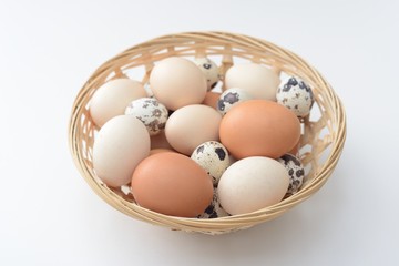 A group of eggs in the basket on white background