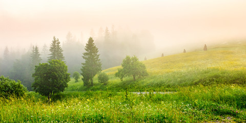 Fototapeta na wymiar cold fog on hot sunrise in mountains