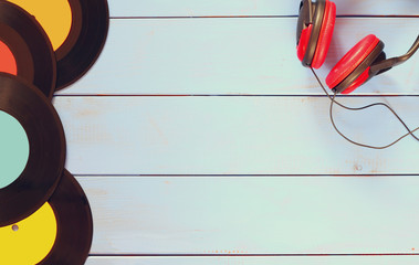 top view image of headphones and records