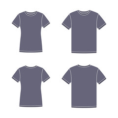 Mens and womens black short sleeve t-shirts templates. Front and back views. Vector flat illustrations