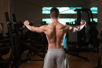 Fototapeta na wymiar Bodybuilder Exercising Shoulders On Cable Machine