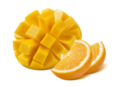 Mango cut orange fruit isolated on white background