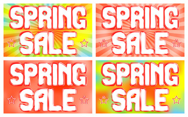 Spring Sale banners set on a bright background with radiating rays. Vector illustration. Shopping