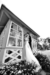 Fototapeta premium Wedding couple on the nature is hugging each other. Beautiful model girl in white dress. Man in suit. Beauty bride with groom. Female and male portrait. Woman with lace veil. Lady and guy outdoors