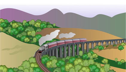 Glenfinnan railway viaduct with steam train, Scotland. Hand drawn vector illustration.