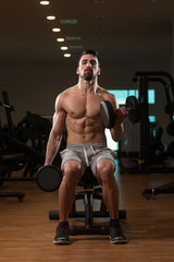 Plakat Man In The Gym Exercising Biceps With Dumbbell