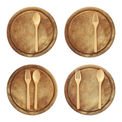 Four cutting board with cutlery isolated on white