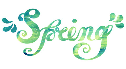 Spring Quote on watercolor green background. Spring season or springtime. Spring hand drawn lettering rough typography. Spring typography design element for posters, greeting cards, invitations.