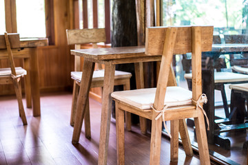 Wooden tables and chairs.