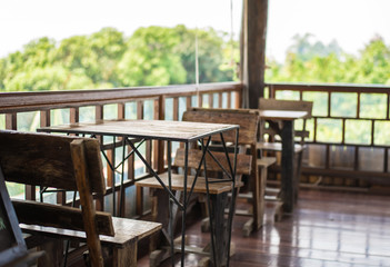 Wooden tables and chairs.