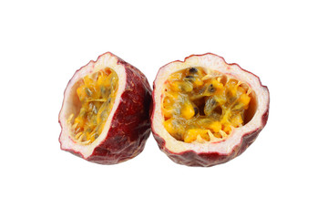 Cutting passion fruit isolated on white