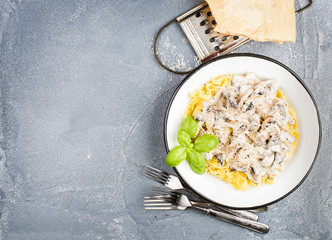 Tagliatelle pasta with mushrooms and creamy sauce, parmesan cheese over concrete textured background