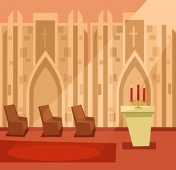 Empty church room inside. Vector flat cartoon illustration