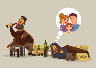 Homeless man dreams of family. Vector flat cartoon illustration
